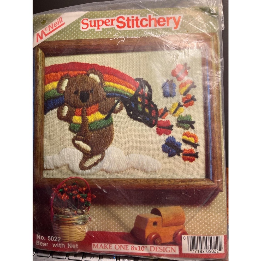 Vintage McNeill Super Stitchery 5022 Bear with Net Needlepoint Kit Rainbow NEW